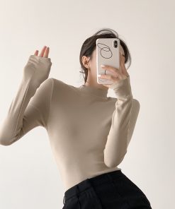 Korean Style Half-High Collar Knitted Pullover Top for Women, Slim Fit Long Sleeve Shirt for Autumn & Winter Versatile Wear