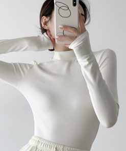 Korean Style Half-High Collar Knitted Pullover Top for Women, Slim Fit Long Sleeve Shirt for Autumn & Winter Versatile Wear