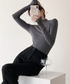 Korean Style Half-High Collar Knitted Pullover Top for Women, Slim Fit Long Sleeve Shirt for Autumn & Winter Versatile Wear
