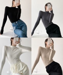 Korean Style Half-High Collar Knitted Pullover Top for Women, Slim Fit Long Sleeve Shirt for Autumn & Winter Versatile Wear