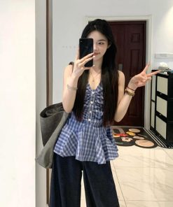 Korean-Style Halter V-Neck Sleeveless Camisole for Women - Waist-Cinching Checkered Summer Top