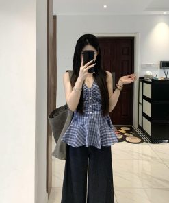 Korean-Style Halter V-Neck Sleeveless Camisole for Women - Waist-Cinching Checkered Summer Top