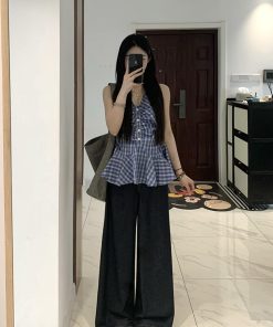 Korean-Style Halter V-Neck Sleeveless Camisole for Women - Waist-Cinching Checkered Summer Top