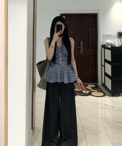 Korean-Style Halter V-Neck Sleeveless Camisole for Women - Waist-Cinching Checkered Summer Top