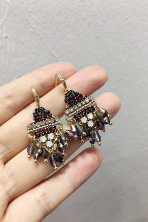 Korean Style Handmade Luxury Color-Blocked Rhinestone Geometric Hook Earrings for High-End Fashion Statement
