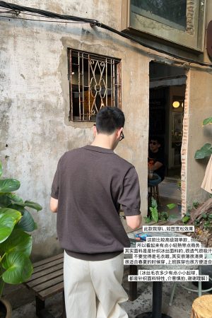 Korean Style Henry Collar Single-Breasted Knit Ice Silk Short Sleeve T-Shirt for Men - Casual 90s Inspired Top