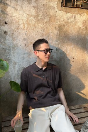 Korean Style Henry Collar Single-Breasted Knit Ice Silk Short Sleeve T-Shirt for Men - Casual 90s Inspired Top