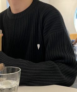 Korean Style High-End Loose Fit Small Heart Knitted Sweater for Men - Textured Autumn Winter Top