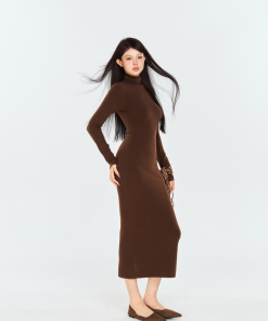 Korean Style High-Neck Knitted Bodycon Dress with Curve Design, Slim-Fit Long Skirt for Autumn and Winter Elegance