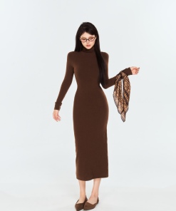Korean Style High-Neck Knitted Bodycon Dress with Curve Design, Slim-Fit Long Skirt for Autumn and Winter Elegance
