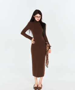 Korean Style High-Neck Knitted Bodycon Dress with Curve Design, Slim-Fit Long Skirt for Autumn and Winter Elegance