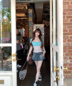 Korean Style High-Waisted A-Line Pleated Denim Skirt for Women - Summer Short Skirt with Comic Print and Hot Girl Vibes