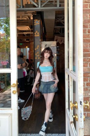 Korean Style High-Waisted A-Line Pleated Denim Skirt for Women - Summer Short Skirt with Comic Print and Hot Girl Vibes