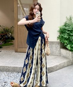 Korean Style High-Waisted Printed Wide-Leg Pants and Top Set for Women - Versatile Summer 2025 Two-Piece Fashion Outfit