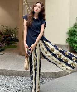 Korean Style High-Waisted Printed Wide-Leg Pants and Top Set for Women - Versatile Summer 2025 Two-Piece Fashion Outfit