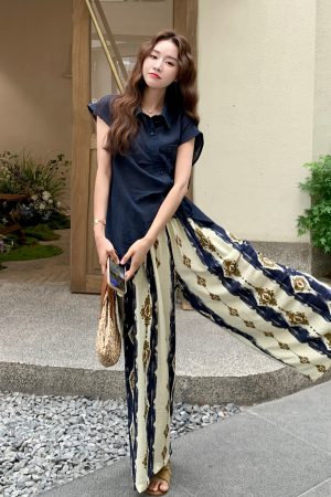 Korean Style High-Waisted Printed Wide-Leg Pants and Top Set for Women - Versatile Summer 2025 Two-Piece Fashion Outfit