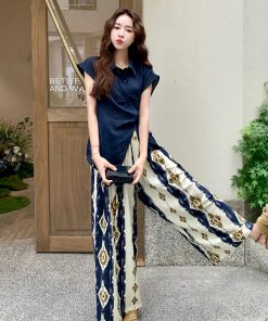 Korean Style High-Waisted Printed Wide-Leg Pants and Top Set for Women - Versatile Summer 2025 Two-Piece Fashion Outfit