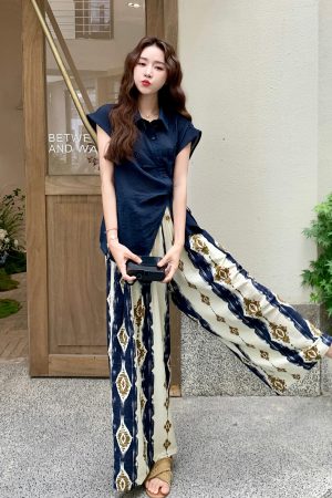 Korean Style High-Waisted Printed Wide-Leg Pants and Top Set for Women - Versatile Summer 2025 Two-Piece Fashion Outfit