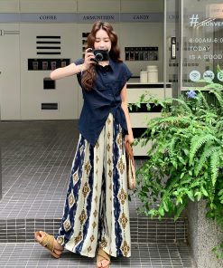 Korean Style High-Waisted Printed Wide-Leg Pants and Top Set for Women - Versatile Summer 2025 Two-Piece Fashion Outfit
