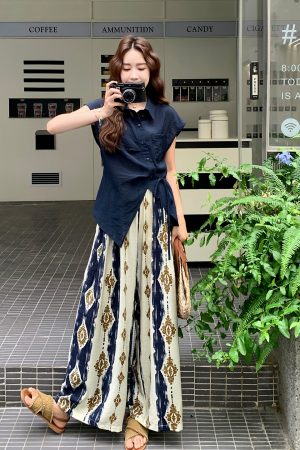 Korean Style High-Waisted Printed Wide-Leg Pants and Top Set for Women - Versatile Summer 2025 Two-Piece Fashion Outfit