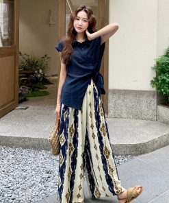 Korean Style High-Waisted Printed Wide-Leg Pants and Top Set for Women - Versatile Summer 2025 Two-Piece Fashion Outfit