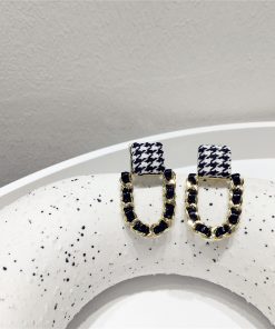 Korean-Style Houndstooth Geometric Metal PU Woven Earrings - Trendy Fashion Accessories for a Chic Look