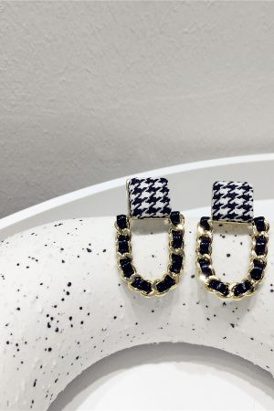 Korean-Style Houndstooth Geometric Metal PU Woven Earrings - Trendy Fashion Accessories for a Chic Look