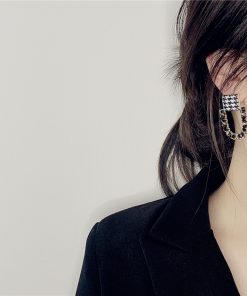 Korean-Style Houndstooth Geometric Metal PU Woven Earrings - Trendy Fashion Accessories for a Chic Look