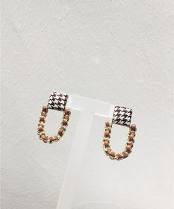 Korean-Style Houndstooth Geometric Metal PU Woven Earrings - Trendy Fashion Accessories for a Chic Look