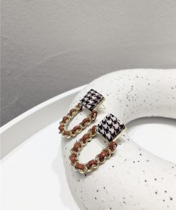 Korean-Style Houndstooth Geometric Metal PU Woven Earrings - Trendy Fashion Accessories for a Chic Look