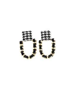 Korean-Style Houndstooth Geometric Metal PU Woven Earrings - Trendy Fashion Accessories for a Chic Look