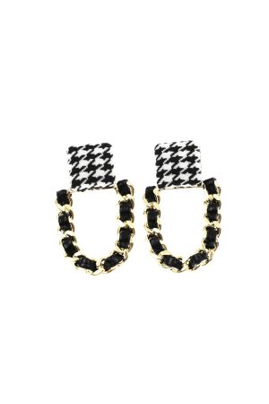 Korean-Style Houndstooth Geometric Metal PU Woven Earrings - Trendy Fashion Accessories for a Chic Look