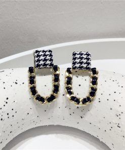 Korean-Style Houndstooth Geometric Metal PU Woven Earrings - Trendy Fashion Accessories for a Chic Look