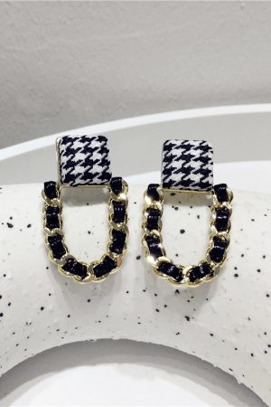 Korean-Style Houndstooth Geometric Metal PU Woven Earrings - Trendy Fashion Accessories for a Chic Look