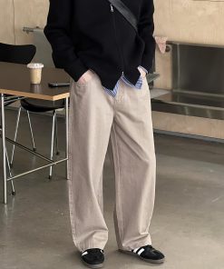 Korean Style Khaki Denim Pants for Men - Simple Casual Loose Straight Wide-Leg Trousers for Spring Fashion