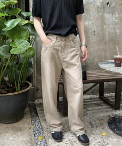 Korean Style Khaki Washed Soft Denim Pants for Men - Casual Loose Straight-Leg Trousers for Effortless Everyday Wear
