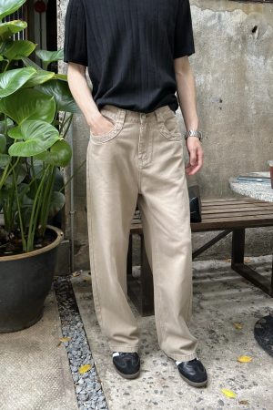 Korean Style Khaki Washed Soft Denim Pants for Men - Casual Loose Straight-Leg Trousers for Effortless Everyday Wear