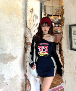 Korean Style Lace Asymmetrical Shoulder T-Shirt Dress for Women - Long Sleeve Waist-Defining Bodycon Mini Dress for Autumn Winter