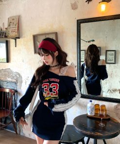 Korean Style Lace Asymmetrical Shoulder T-Shirt Dress for Women - Long Sleeve Waist-Defining Bodycon Mini Dress for Autumn Winter