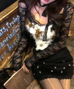 Korean Style Lace Hollow Knit Top for Women - Spicy Girl Long Sleeve Slimming Plush Top for Autumn Winter Fashion