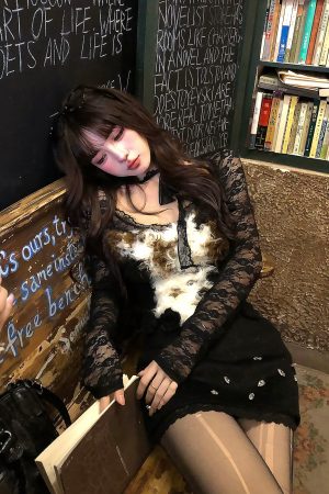 Korean Style Lace Hollow Knit Top for Women - Spicy Girl Long Sleeve Slimming Plush Top for Autumn Winter Fashion