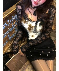 Korean Style Lace Hollow Knit Top for Women - Spicy Girl Long Sleeve Slimming Plush Top for Autumn Winter Fashion