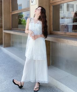Korean-Style Lace Vest Set for Women with Embroidery and Casual Loose Wide-Leg Pants - Summer 2025 Two-Piece Outfit