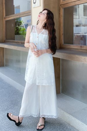 Korean-Style Lace Vest Set for Women with Embroidery and Casual Loose Wide-Leg Pants - Summer 2025 Two-Piece Outfit