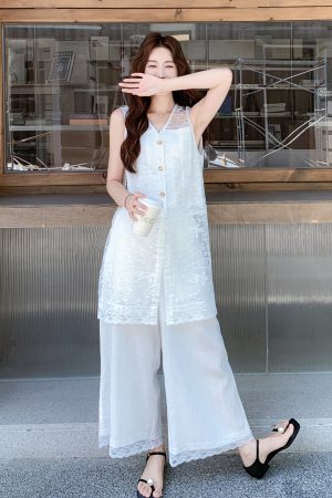 Korean-Style Lace Vest Set for Women with Embroidery and Casual Loose Wide-Leg Pants - Summer 2025 Two-Piece Outfit