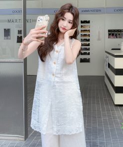 Korean-Style Lace Vest Set for Women with Embroidery and Casual Loose Wide-Leg Pants - Summer 2025 Two-Piece Outfit