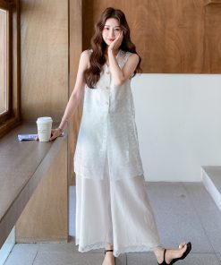 Korean-Style Lace Vest Set for Women with Embroidery and Casual Loose Wide-Leg Pants - Summer 2025 Two-Piece Outfit