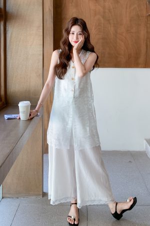 Korean-Style Lace Vest Set for Women with Embroidery and Casual Loose Wide-Leg Pants - Summer 2025 Two-Piece Outfit