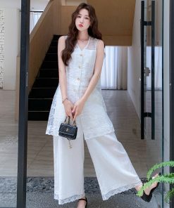 Korean-Style Lace Vest Set for Women with Embroidery and Casual Loose Wide-Leg Pants - Summer 2025 Two-Piece Outfit