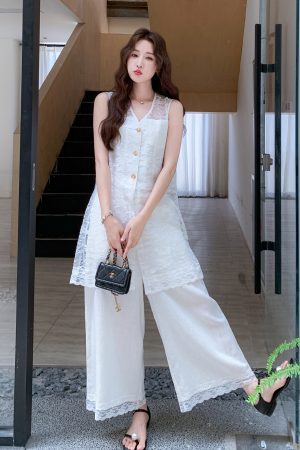 Korean-Style Lace Vest Set for Women with Embroidery and Casual Loose Wide-Leg Pants - Summer 2025 Two-Piece Outfit
